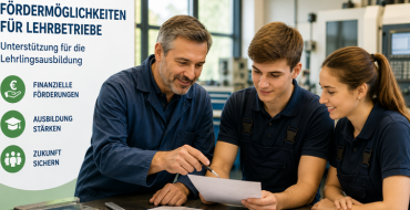 Ausbilder erklärt zwei Lehrlingen in der Werkstatt die Fördermöglichkeiten für Lehrbetriebe